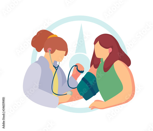Vector illustration. Blood pressure measurement. Doctor checks the blood pressure of woman. Banner about heart health care in the flat cartoon style.