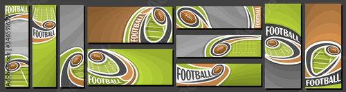 Vector set of American Football Banners, vertical and horizontal art templates for american football events with illustration of sport field and flying on curve trajectory ball on brown background.