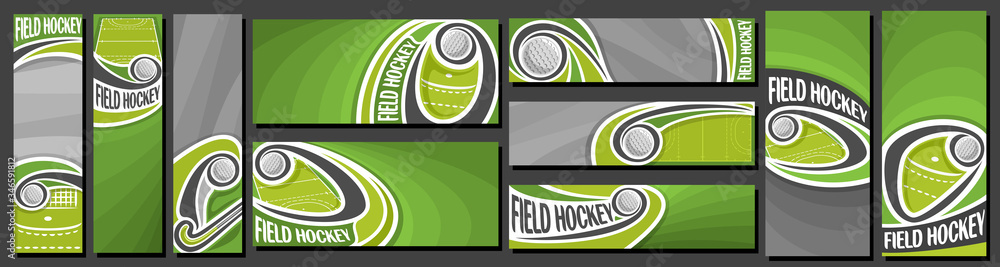 Vector set of Field Hockey Banners, vertical and horizontal decorative templates for field hockey events with illustration of flying on curve trajectory cartoon field hockey ball on grey background.