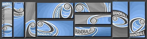 Vector set of Handball Banners, vertical and horizontal decorative art templates for handball events with illustration of sport field and flying on curve trajectory handball ball on grey background.