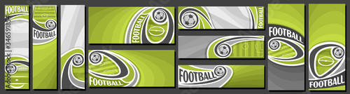 Vector set of Football Banners, vertical and horizontal decorative art templates for football events with illustration of sport field and flying on curve trajectory football ball on grey background.