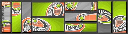 Vector set of Tennis Banners, vertical and horizontal decorative art templates for tennis events with illustration of sport court and flying on curve trajectory tennis ball on grey abstract background