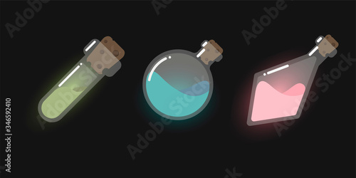 Magic potion. Cartoon game interface elements for mobile game, game icon of magic elixir, glass flasks, bottles. Vector fantasy and fairy tales objects set for design gui. Magic bottles set.