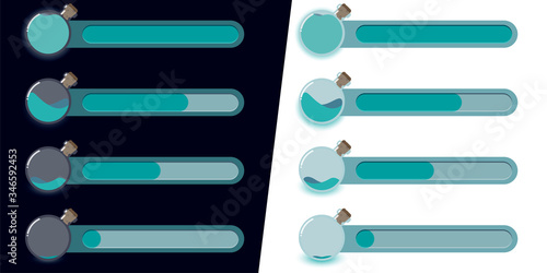 Mobile game UI, GUI. Game interface. Set of status icons of mana, magic points, magical energy, scope of action, magic, power. Interface for game design. Light and dark background, night and day mode.