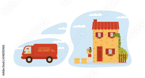 Contactless delivery concept. Safe shipping. Girl receiving order parcel or groceries during quarantine. Delivery man in medical mask driving away. Flat cartoon vector illustration.
