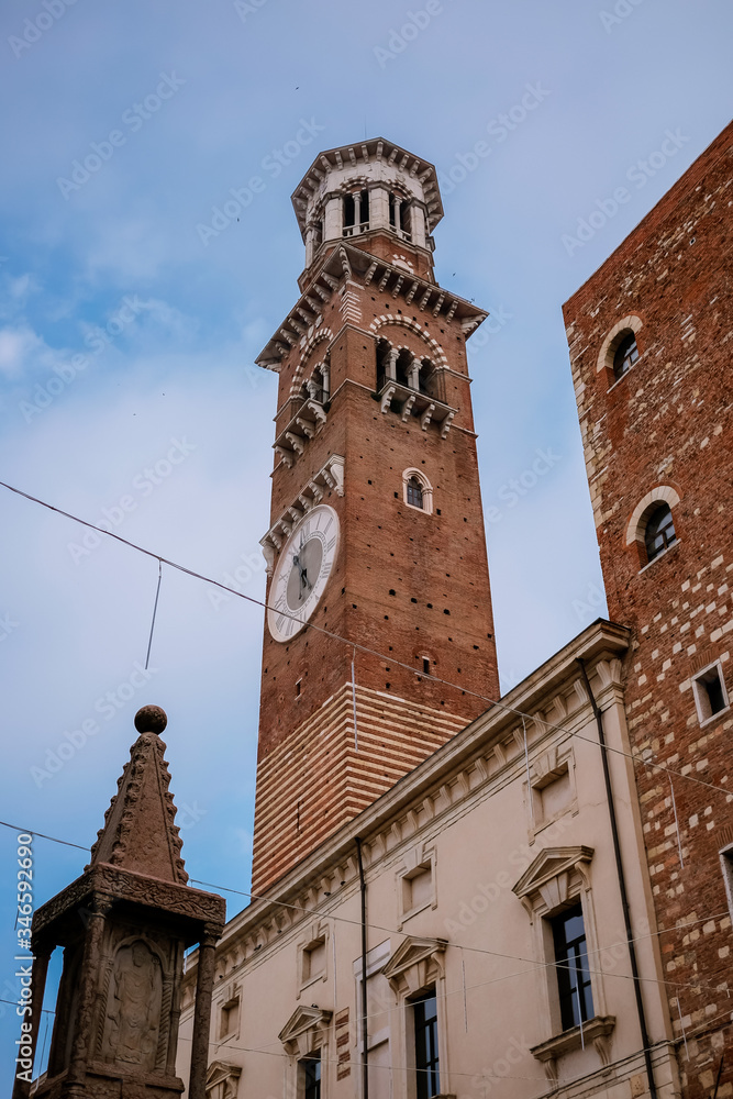Verona old town square with view of Lamberti tower, Italy