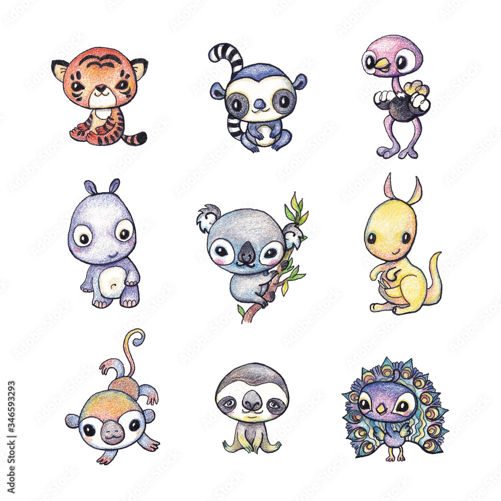 Cartoon set watercolor pencils exotic wild animals and birds. Monkey ...