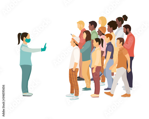 woman in a mask and gloves leaves the crowd without masks  urges her to behave safely and keep distance. plane vector illustration