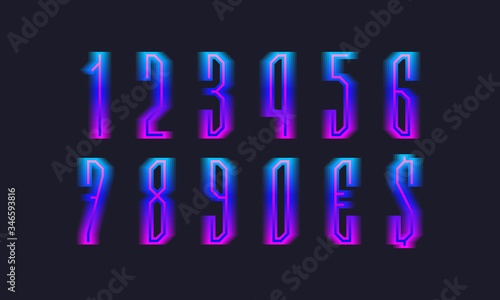 Blue pink gradient isolated numbers and currency signs. Luminous display font.
