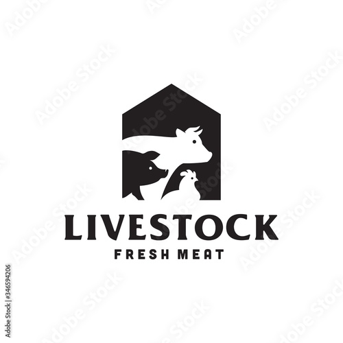 farm animal livestock logo cow,pig,chicken label, poultry house logo, butchery barn illustration hipster silhouette