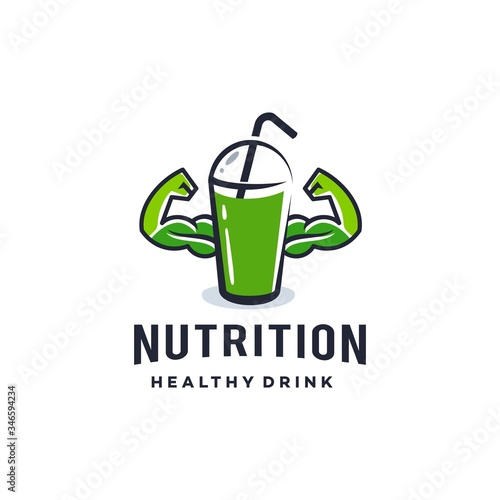 healthy juice logo ,energy drink with cup, straw and strong muscle icon label, healthy protein diet drink logo illustration mascot