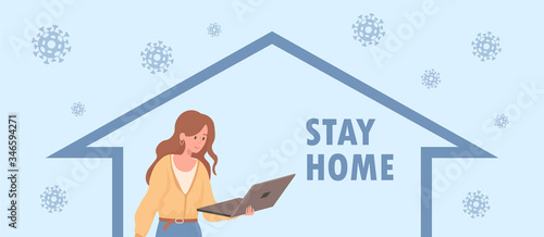 Stay home and fight Coronavirus banner design. Woman working at home on laptop vector flat illustration.