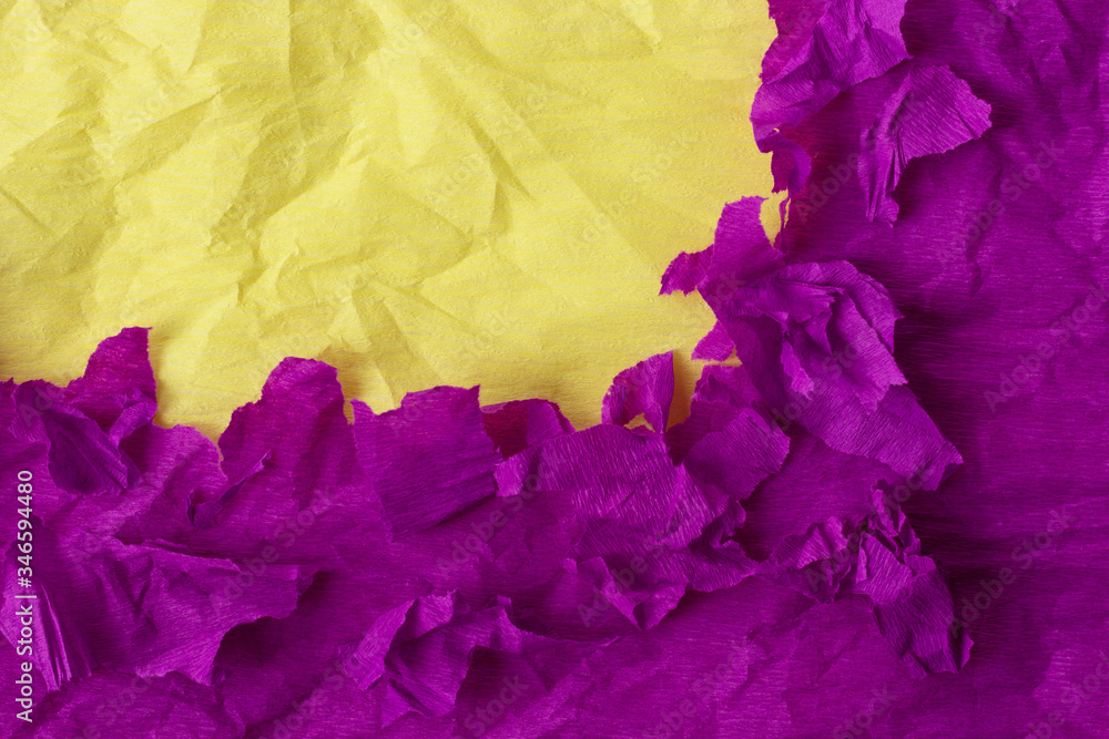 Fototapeta premium Ripped purple textured paper with yellow corner frame. Creative layout, mock up for text and design