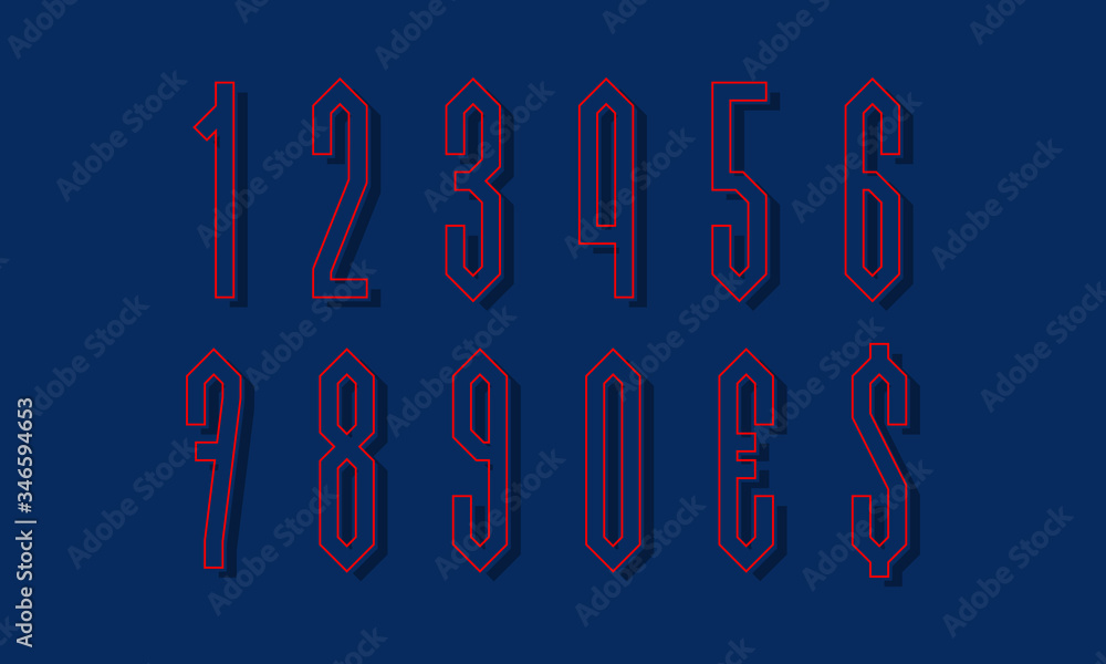 Red blue angular isolated numbers and currency signs with shifted stroke and shadow. Urban graphic display font. Red blue angular isolated numbers and currency signs with shifted stroke and shadow. Urban graphic display font.