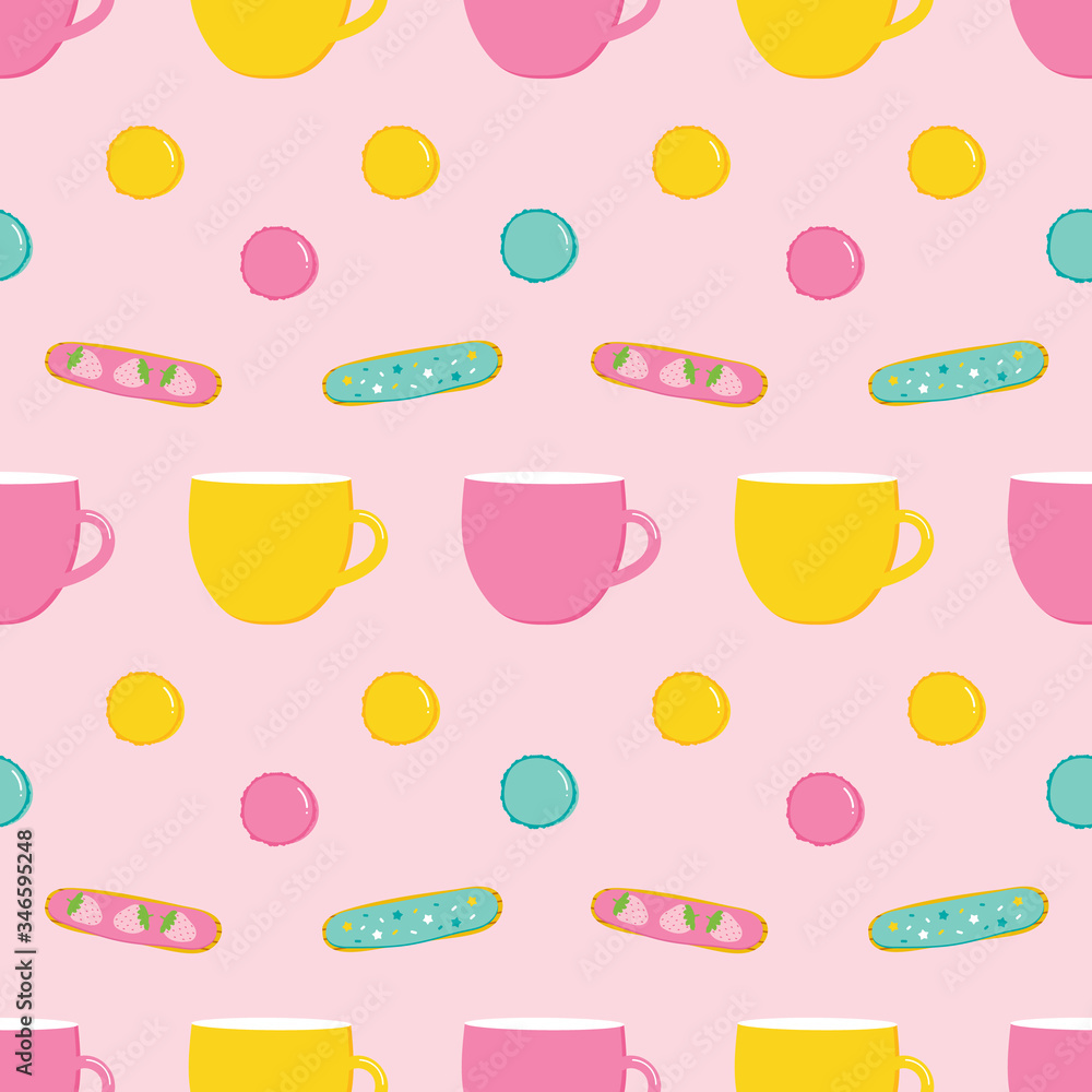 Tea time, tea party cute vector seamless pattern background with colorful tea cups, macarons and eclairs. Tea time, tea party cute vector seamless pattern background with colorful tea cups, macarons and eclairs.