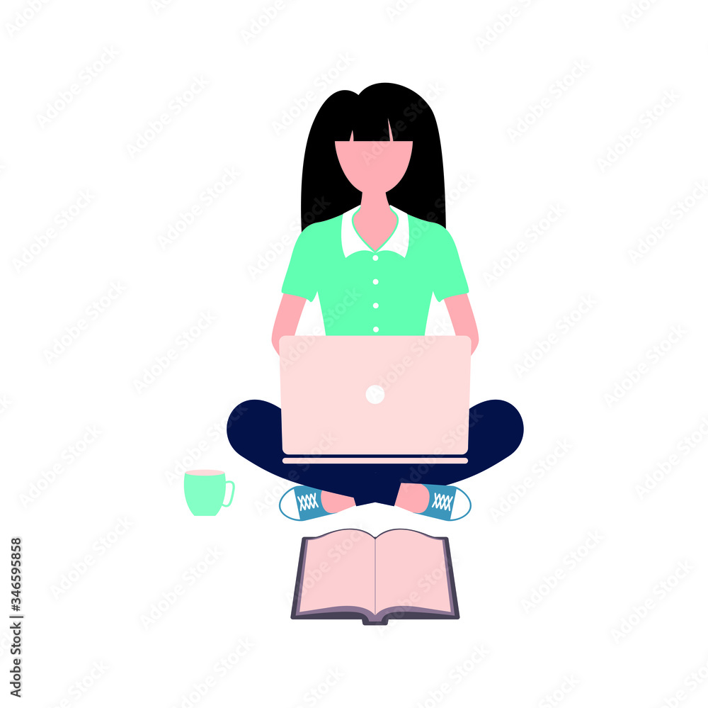 Girl with laptop sitting on the floor. Freelance or studying concept. Flat design. Girl with laptop sitting on the floor. Freelance or studying concept. Flat design.