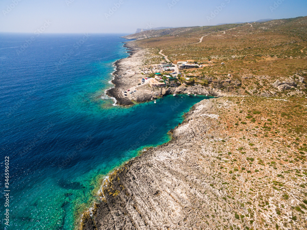 Aerial  view of Porto Vromi beach in Zakynthos (Zante) island, in Greece
