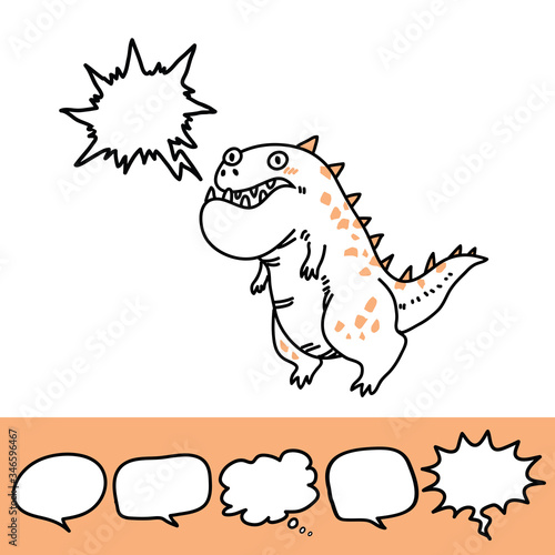 Baby print with roaring dinosaur and speech bubble set. Hand drawn graphic for typography poster, card, label, flyer, page, banner, baby wear, nursery. Scandinavian style. Black, and orange. Vector