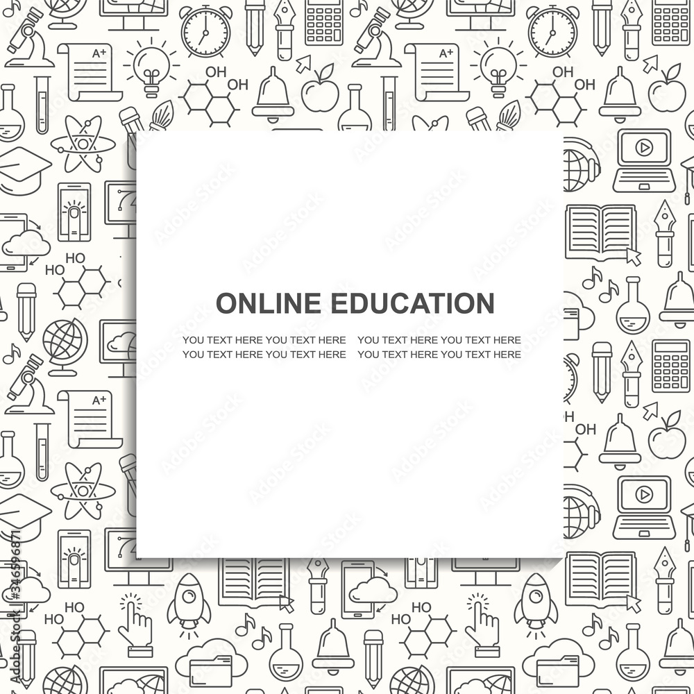 Online education seamless pattern with linear icons. E-learning, online course, webinar, e-book, video conference, home studying. Modern line style vector illustration. Stay home background. Online education seamless pattern with linear icons. E-learning, online course, webinar, e-book, video conference, home studying. Modern line style vector illustration. Stay home background.