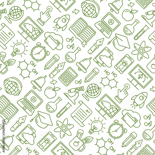 Online education seamless pattern with linear icons. E-learning, online course, webinar, e-book, video conference, home studying. Modern line style vector illustration. Stay home background.