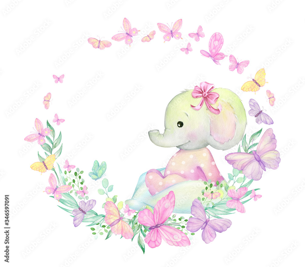 Fototapeta Little elephant, surrounded by butterflies, plants, sits. Watercolor frame. For children's invitations. children's textiles.