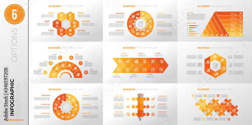 Infographic business template with 6 options. Yellow color version.	