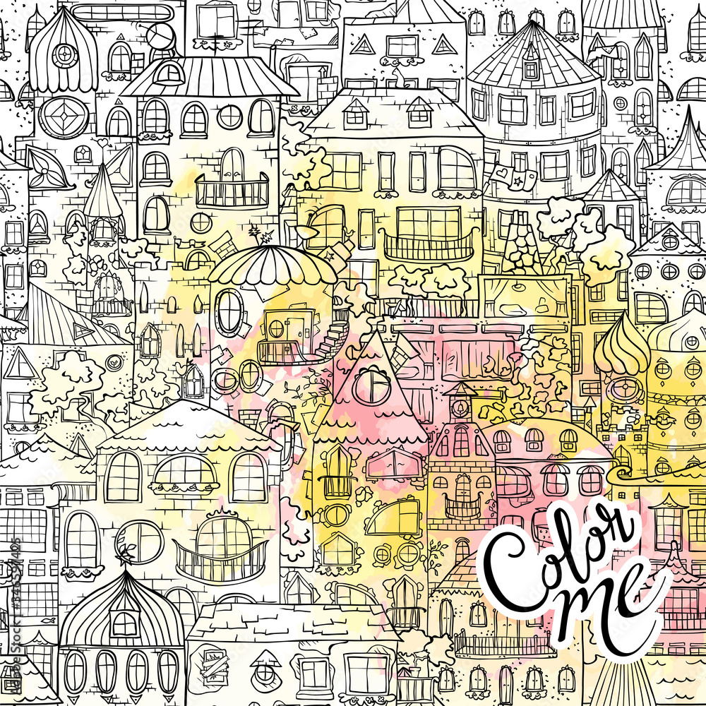 Cityscape with houses - zentangle coloring book pages for adults and kids