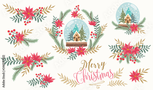 Christmas decorative illustration with snow globe, herbs, wreath and flowers. Christmas vector illustration.