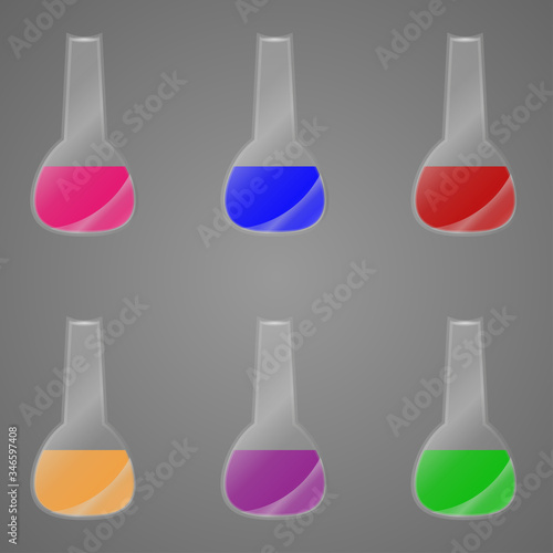 Liquid in laboratory bottles. Scientific biochemical laboratory. Colorful liquid. Isolated on gray background, a group of bottles. Test tubes. Vector