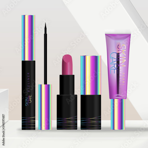 Vector Dark or Black Holographic Skincare or Beauty Cosmetics Make-up Packaging Set with Lipstick, Lip Gloss Tube and Eyeliner Packing. Minimal Geometric Platform Background.