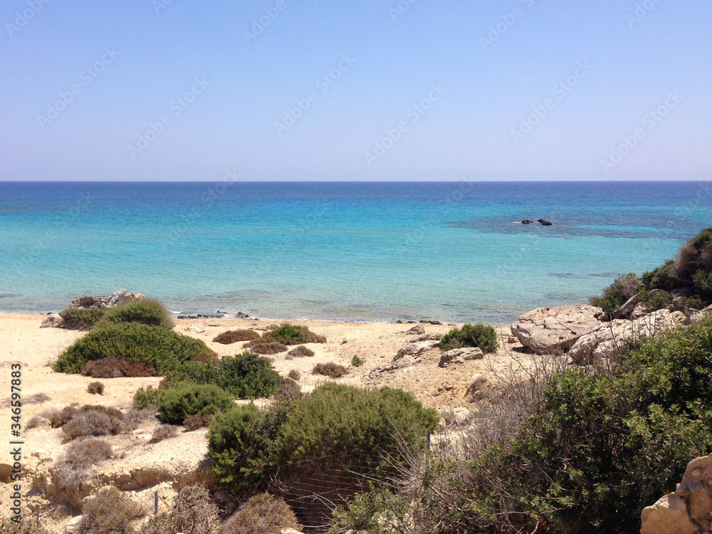 Famous golden beach situated at the end of Karpaz peninsula on Cyprus , North side, blue clean crystal water