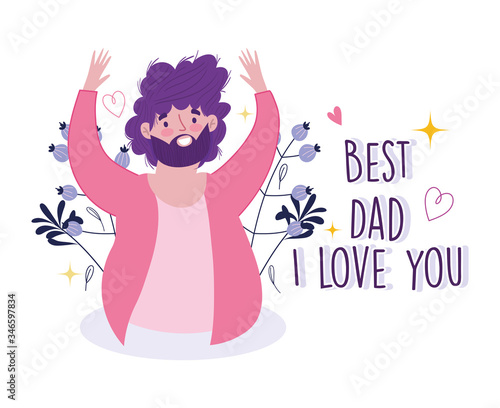 happy fathers day, cheerful bearded dad decoration greeting card