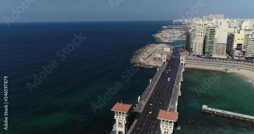 Aerial Drone shot over Egypt Alexandria city Stanly Bridge