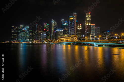 Singapore. View of Financial District skyline at night. Long exposure with water reflection. © Diego