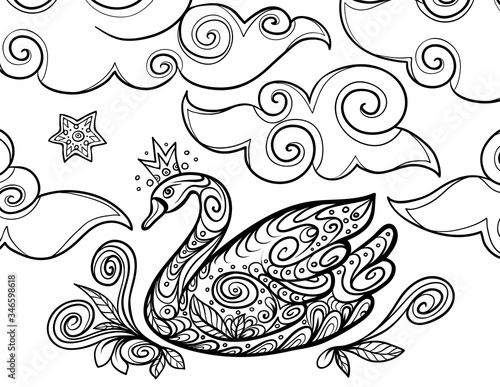 Princess swan and clouds- zentangle coloring book pages for adults and kids