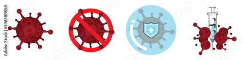 COVID-19 Signs of virus, stop, quarantine, vaccination concept of coronavirus treatment. 4 Styles Corona virus cell pure, crossed with red STOP, inside blue barrier, Eliminated on White background.