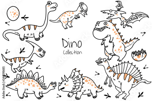 Set of cute cartoon dinosaurs. Vector illustration in doodle hand drawn style for printing on fabric  Wallpaper  dishes  postcard  picture  bedding  children s products