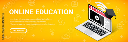 Online education isometric narrow banner template. 3d laptop with video lesson on screen, graduation cap, button, icons, text. E-learning concept, training courses, online school vector illustration