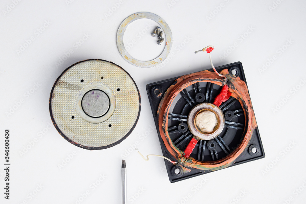 Speaker repair, disassembled speaker. High-frequency speaker 6GDV-7-16 on white background. A component of a three-way speaker system. Speaker repair, disassembled speaker. High-frequency speaker 6GDV-7-16 on white background. A component of a three-way speaker system.