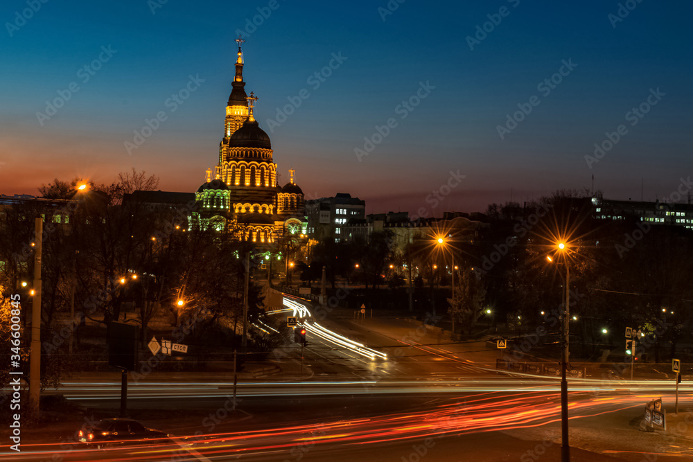 Evening Kharkov with illuminated architecture and lanterns