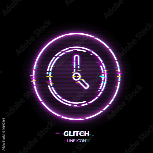 Clock line art vector icon. Outline symbol of time. Watch pictogram made of thin stroke. Glitched 80s cyber punk style.