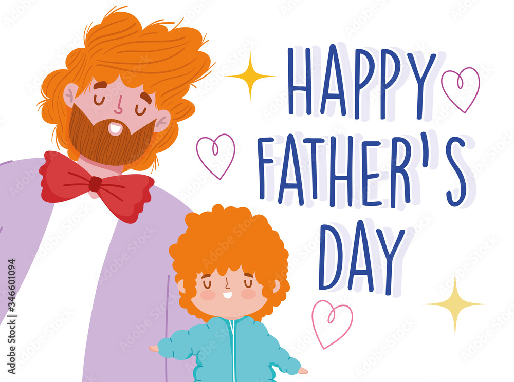 happy fathers day, dad and son with curly hair cartoon celebration happy fathers day, dad and son with curly hair cartoon celebration