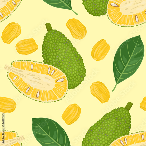 Whole jackfruit, halves, slices and green leaves seamless pattern. Tropical fruits on a yellow background. Vector food illustration in cartoon flat style.