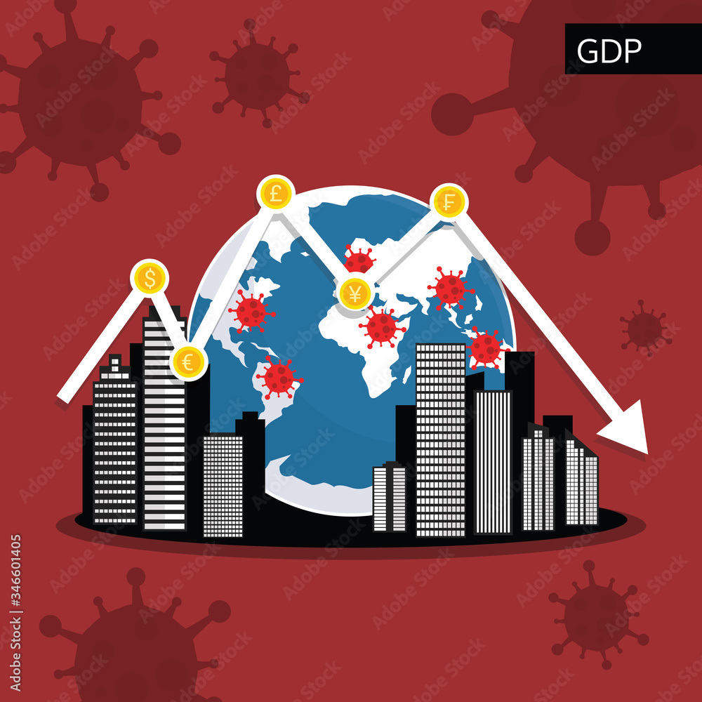 Global gross domestic product plunge from COVID-19 virus fear, world investment price fall down or collapse from outbreak of Coronavirus, GDP economy graph chart fall down from Virus pathogen impact Global gross domestic product plunge from COVID-19 virus fear, world investment price fall down or collapse from outbreak of Coronavirus, GDP economy graph chart fall down from Virus pathogen impact
