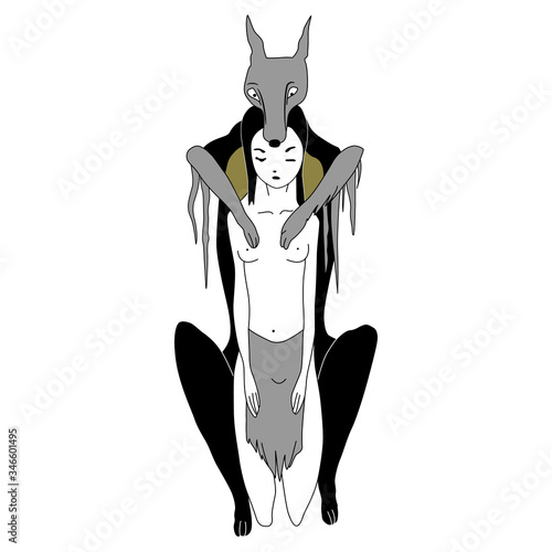 Isolated vector illustration. Young girl and coyote totem trickster animal. Shaman initiation. Native American mythology. Original style art.