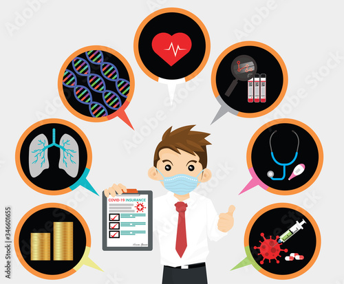 Man wear mask is holding the COVID-19 health insurance. Healthcare insurance concept with tiny people. Management risk from outbreak of Coronavirus. Flat vector illustration