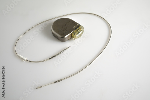 An Implantable Cardioverter Defibrillator or ICD pacemaker with leads. This is placed in the chest to prevent suddent death when patients have sustained ventricular tachycardia or fibrillation photo