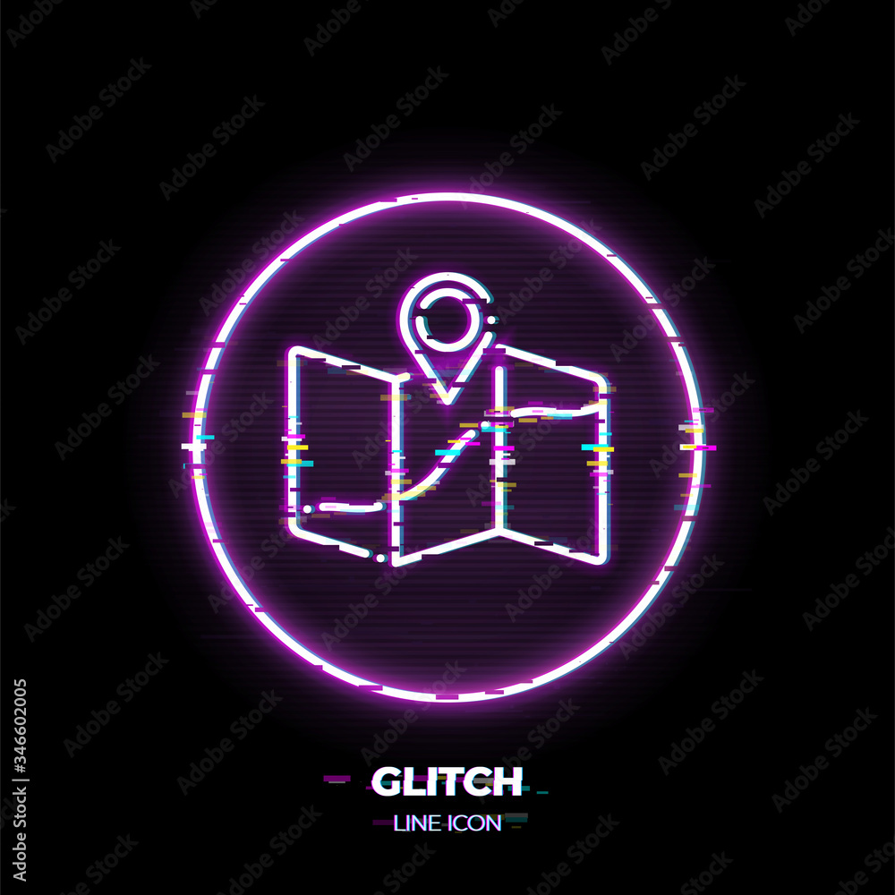 Map with location pin line art vector icon. Outline symbol of travel route. Navigation pictogram made of thin stroke. Glitched 80s cyber punk style. Map with location pin line art vector icon. Outline symbol of travel route. Navigation pictogram made of thin stroke. Glitched 80s cyber punk style.