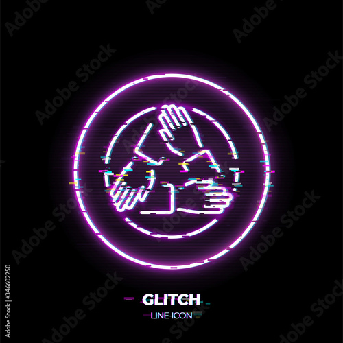 Three hands holding each other line art vector icon. Outline symbol of cooperation. Teamwork pictogram made of thin stroke. Glitched 80s cyber punk style.