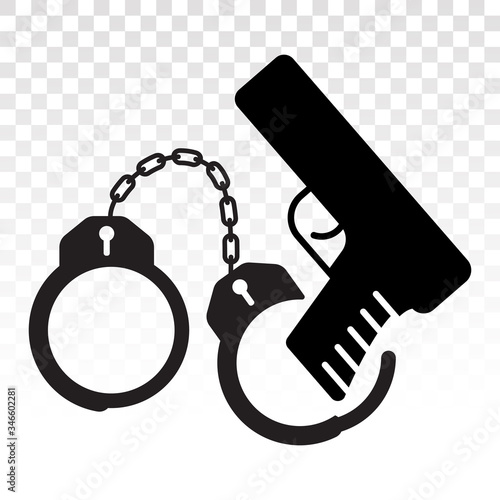 handheld revolver gun / pistol with handcuffs flat icon on a transparent background